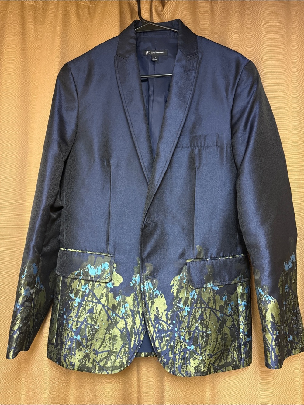 INC International Concepts Navy Blazer with Green & Blue Abstract Hem